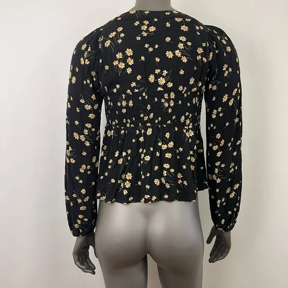 American Eagle Outfitters Blouse Womens S Black w. Yellow Floral Puff Sleeve Top - Picture 3 of 14